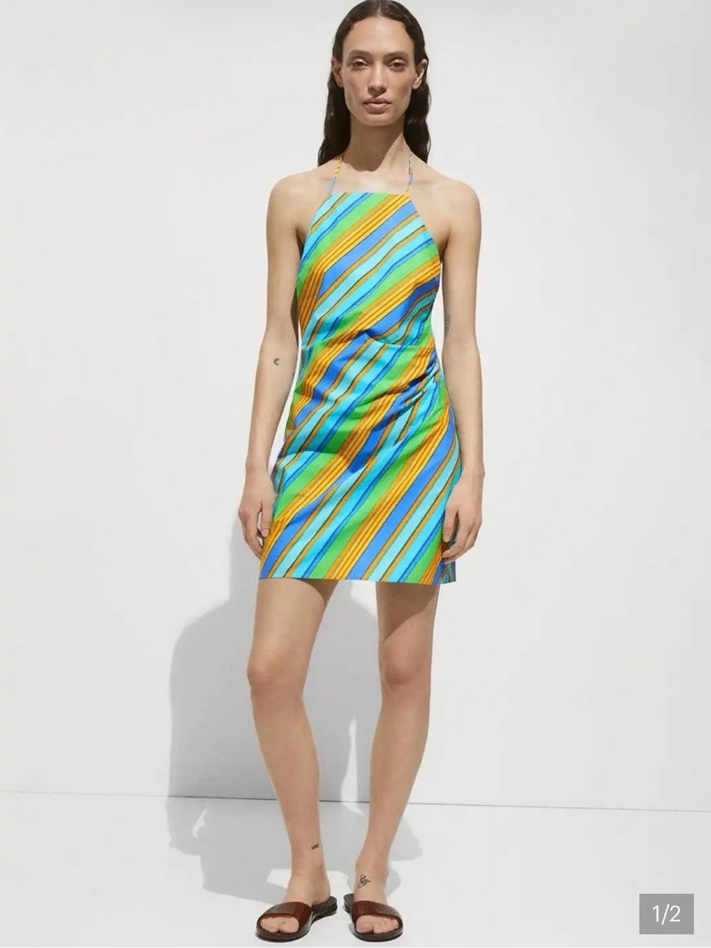 Mango Striped Halter Mini Dress in Turquoise, Yellow & Blue